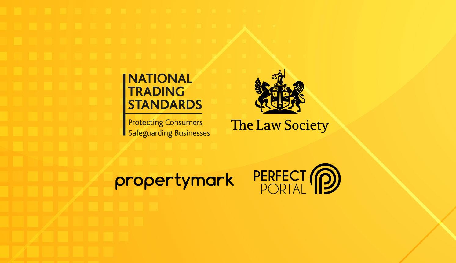 Department for levelling up, national trading standards and perfect portal company logos on yellow patterned background